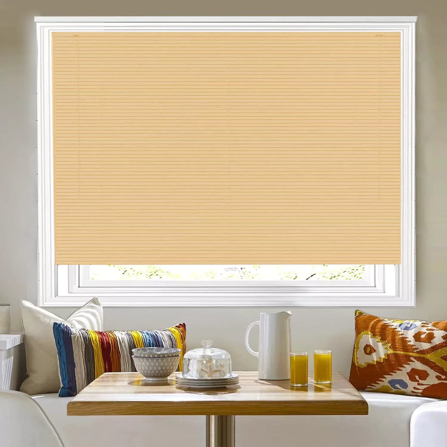 Natural PVC Venetian Blinds with wood grain effect and 25mm slats – ideal for modern interiors.
