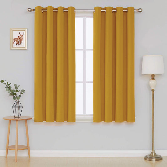 Ochre Blackout Curtains 2 Panels with Eyelets and Tie Backs - Lightweight, Energy Saving Microfiber Curtains