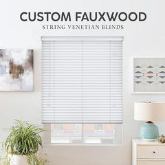 White Faux Wood Venetian Blinds with Strings, 50mm