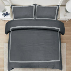 Microfiber Embroidered Bratta Set with 2 Pillowcases - Super King ( Charcoal Base / White Embroidery Lines )