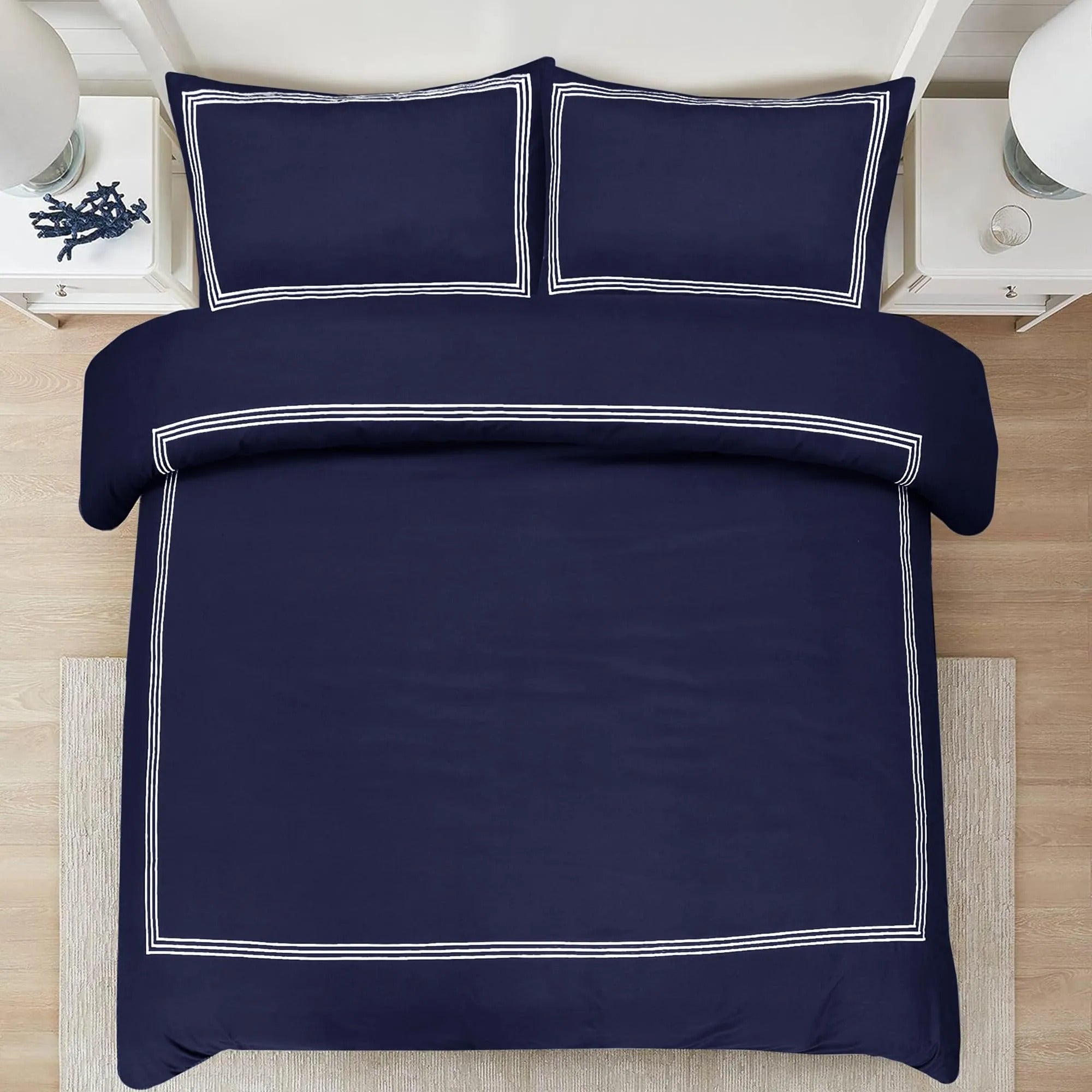 Microfiber Embroidered Bratta Duvet Cover Set Navy White