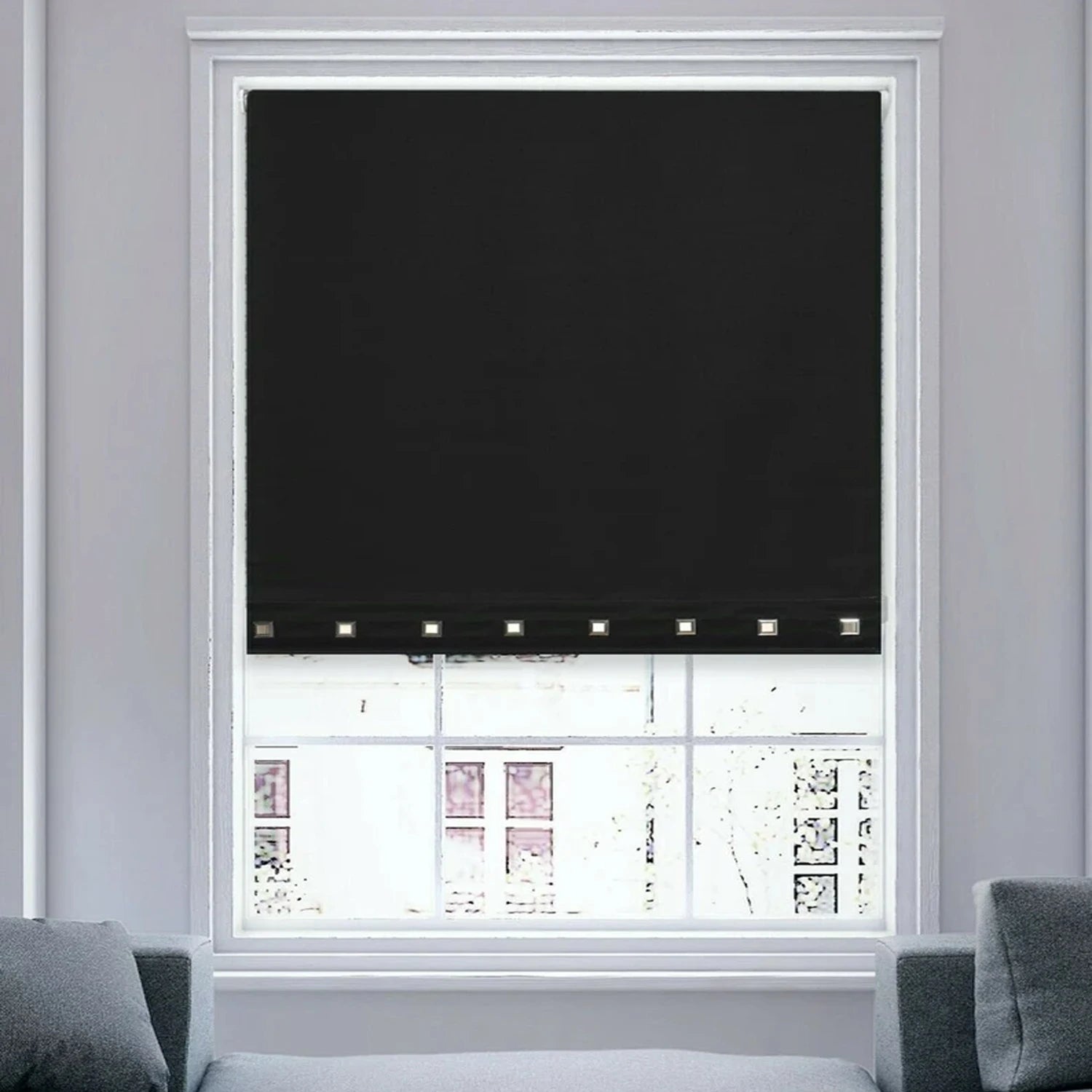 Front view of black square eyelet light filtering roller blinds