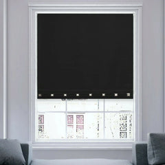 Front view of black square eyelet light filtering roller blinds