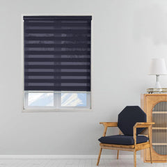 Front view of black zebra day and night roller blinds on window