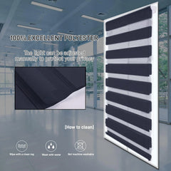 Black zebra blinds showing alternating sheer and solid stripes for light control