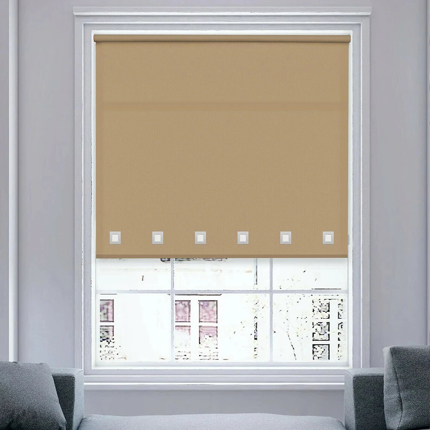 Front view of cappuccino square eyelet light filtering roller blind fully extended on window