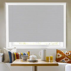 Grey PVC Venetian blinds with 25mm slats shown fully closed from the front.