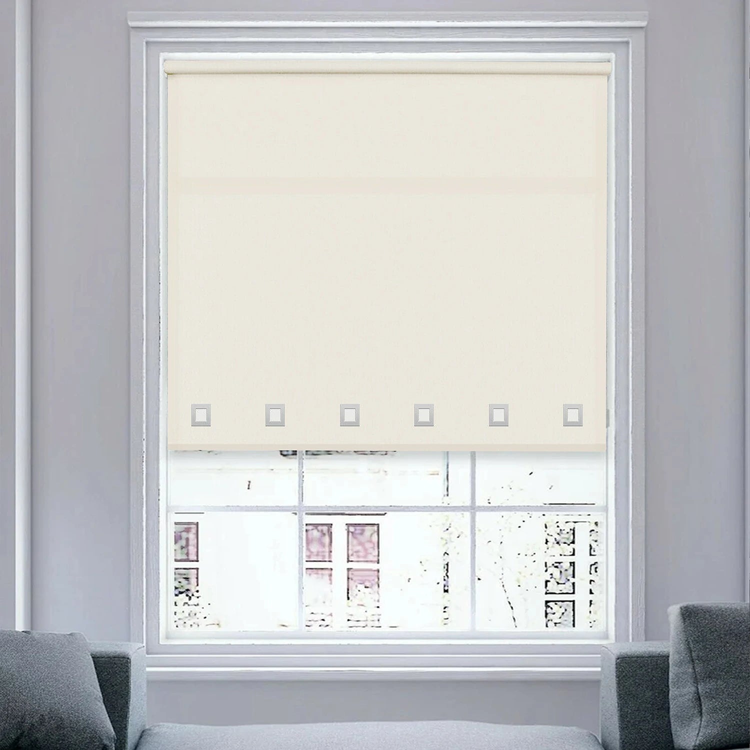 Full view of natural square eyelet roller blinds covering a window, allowing soft daylight through.