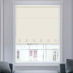 Full view of natural square eyelet roller blinds covering a window, allowing soft daylight through.