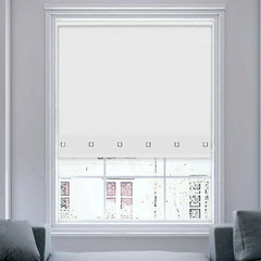 Front view of white square eyelet light filtering roller blind fully extended on window