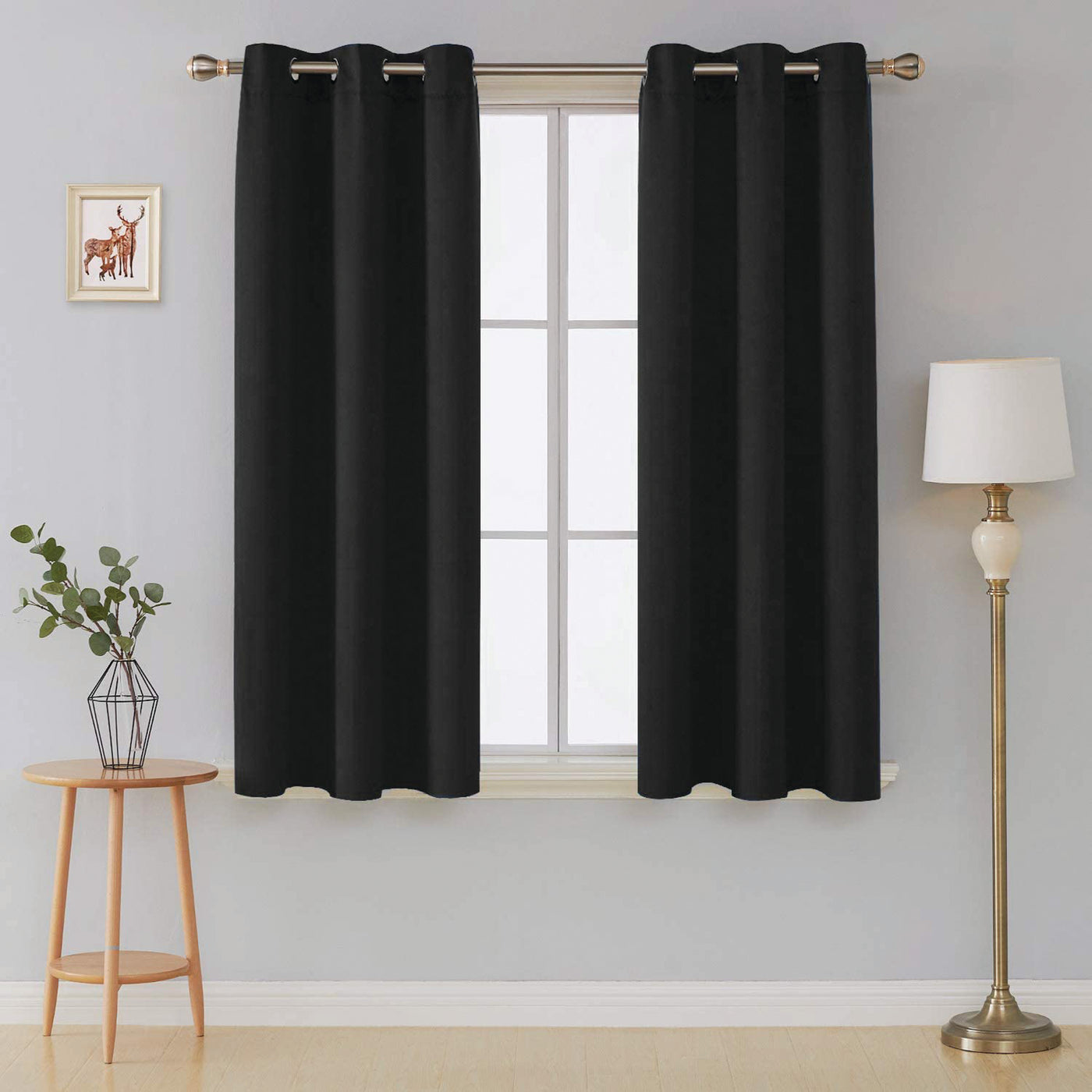 Black Microfiber Blackout Curtains 2 Panels with Eyelets and Tie Backs