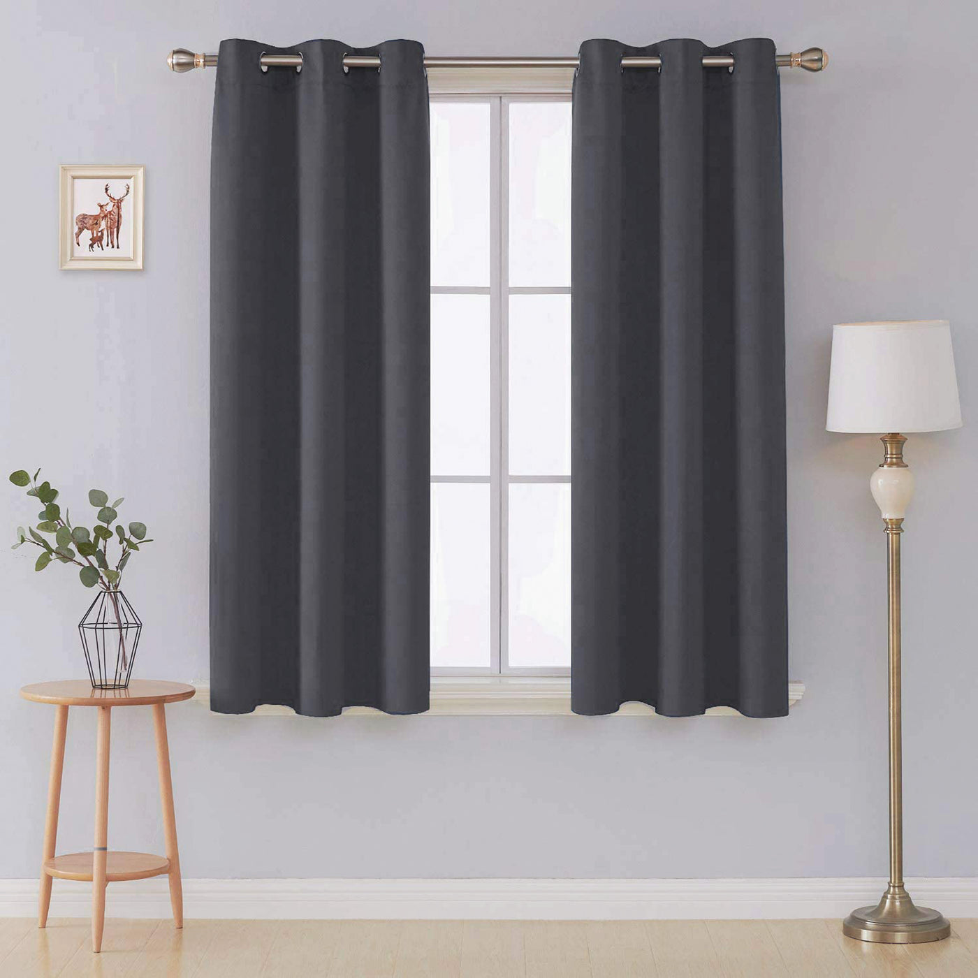 Charcoal Microfiber Blackout Curtains 2 Panels with Eyelets and Tie Backs