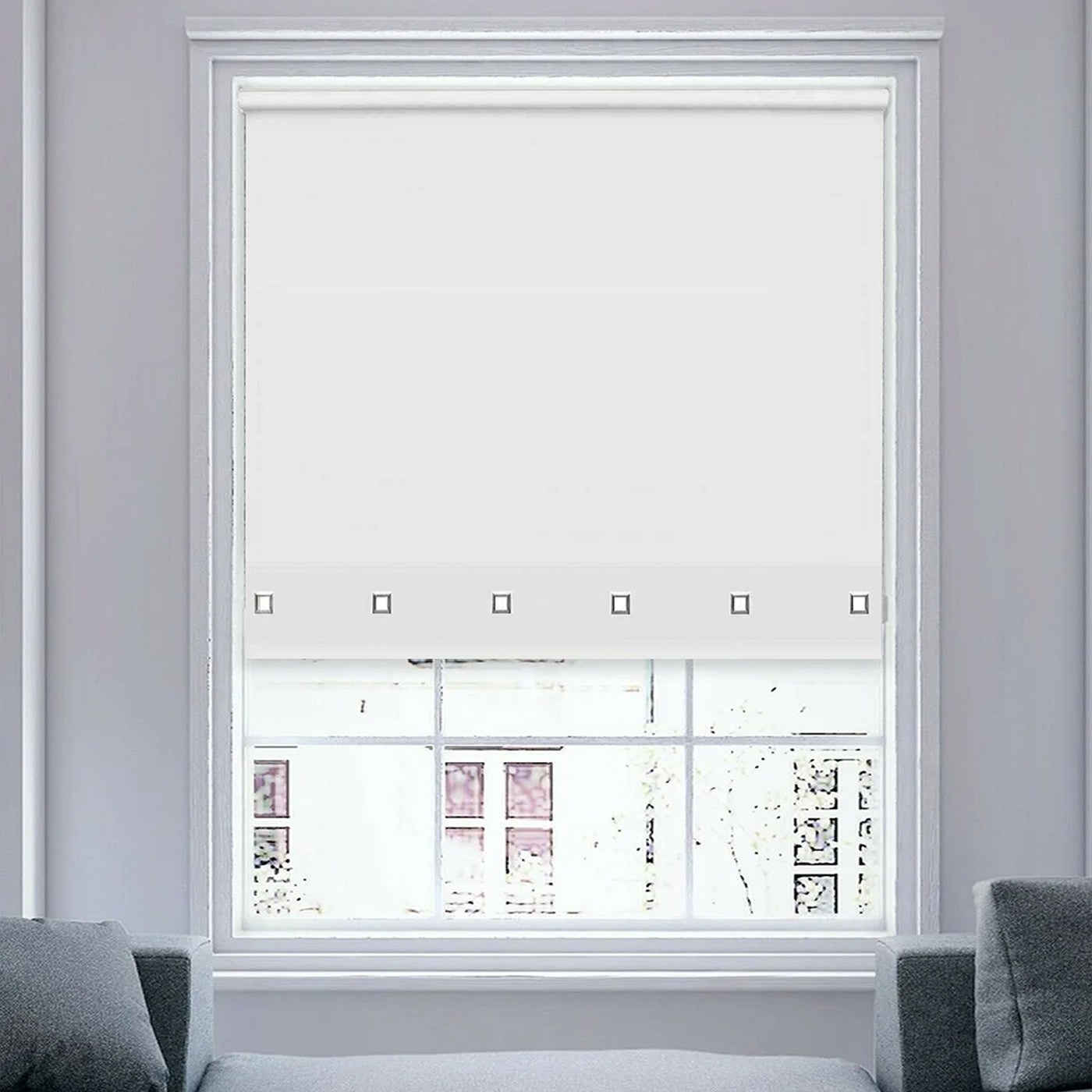 White Square Eyelet Light Filtering Roller Blinds with Metal Tube and Fittings