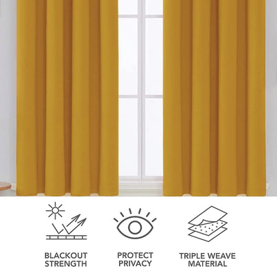 Ochre Microfiber Blackout Curtains 2 Panels with Eyelets and Tie Backs