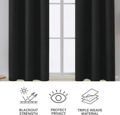 Black Microfiber Blackout Curtains 2 Panels with Eyelets and Tie Backs