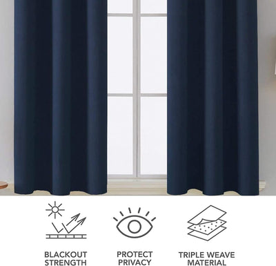 Navy Blue Microfiber Blackout Curtains 2 Panels with Eyelets and Tie Backs