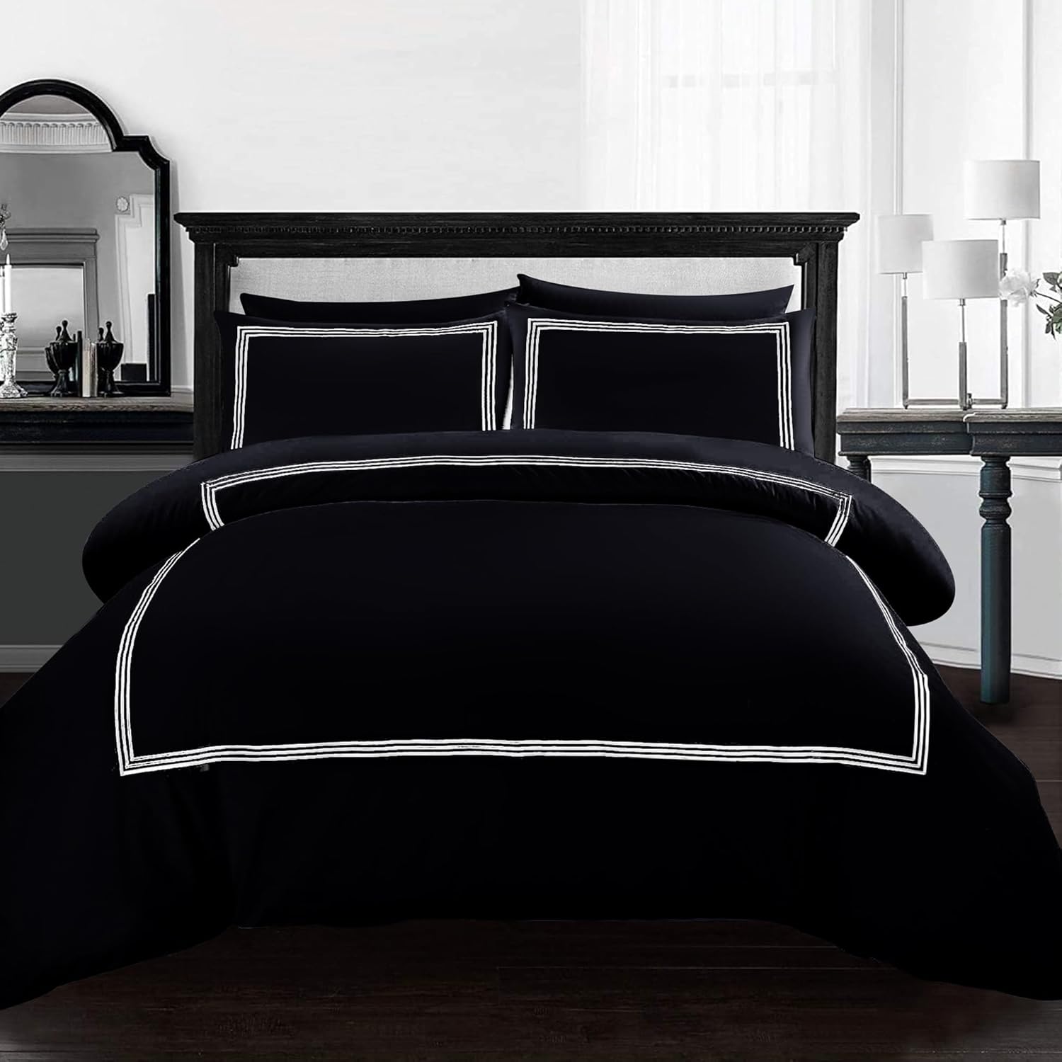 Microfiber Embroidered Bratta Duvet Cover Set Black