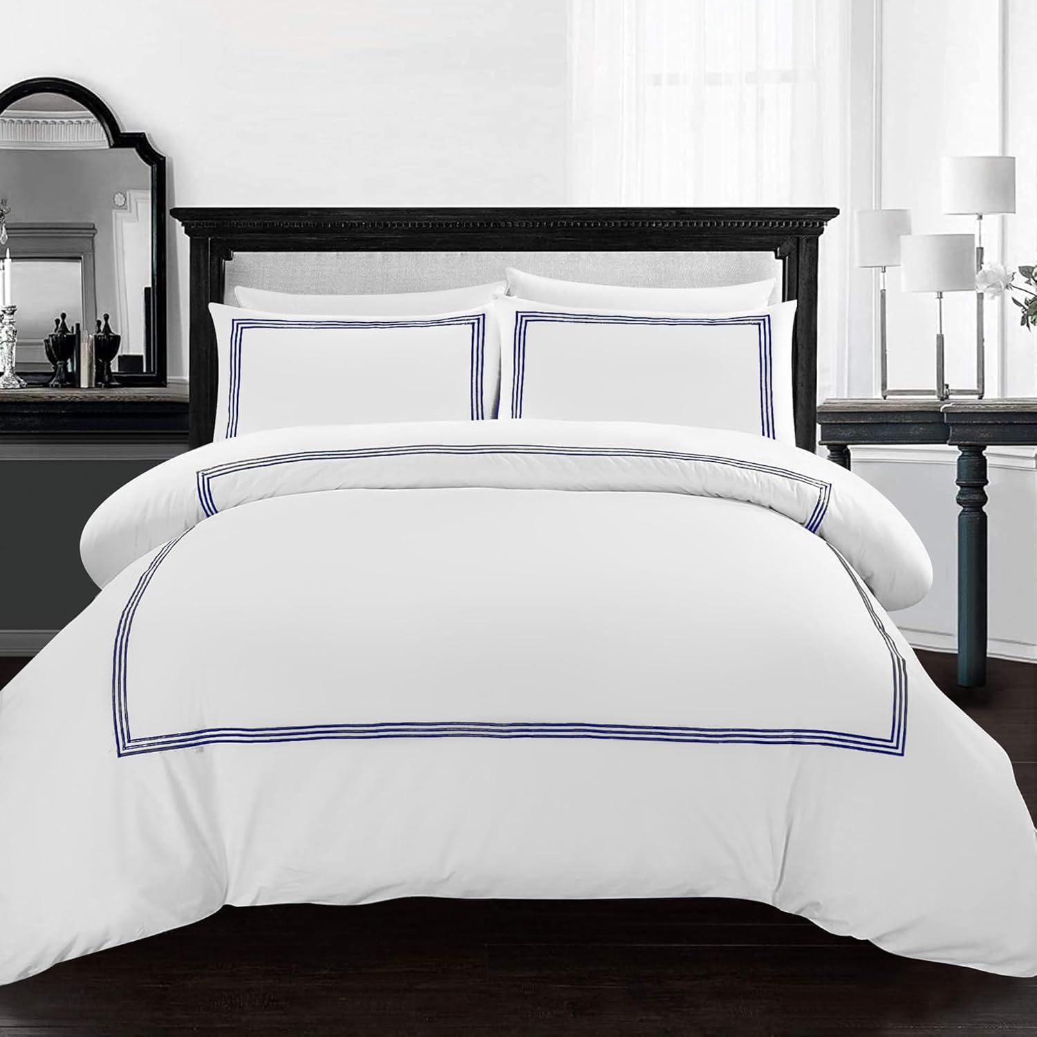 Microfiber Embroidered Bratta Duvet Cover Set White Navy