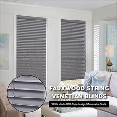 Grey Faux Wood Venetian Blinds with Tape, 50mm Slats