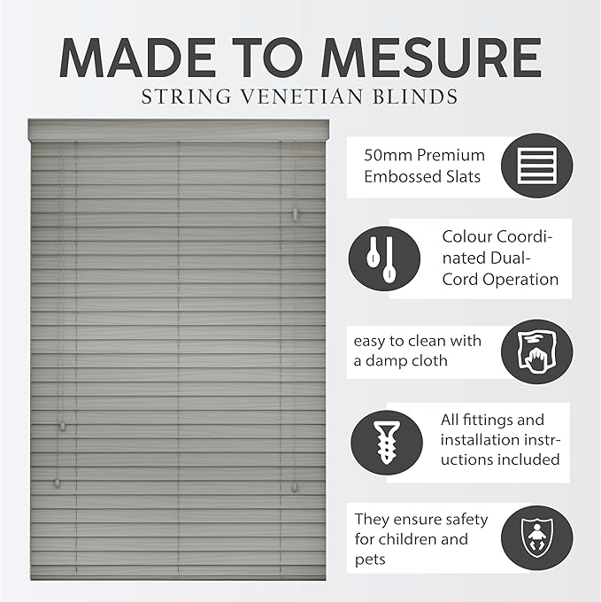 Grey Faux Wood Venetian Blinds with Strings, 50mm