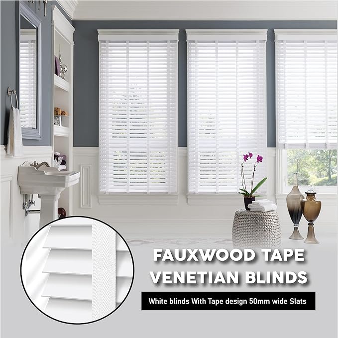 White Faux Wood Venetian Blinds with 50mm Slats