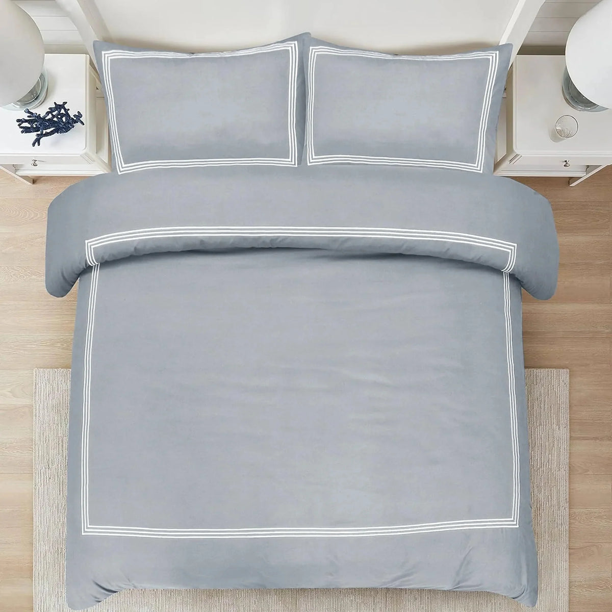 Microfiber Embroidered Bratta Duvet Cover Set with 2 Pillowcases King Size ( White Base / Grey Embroidery Lines )