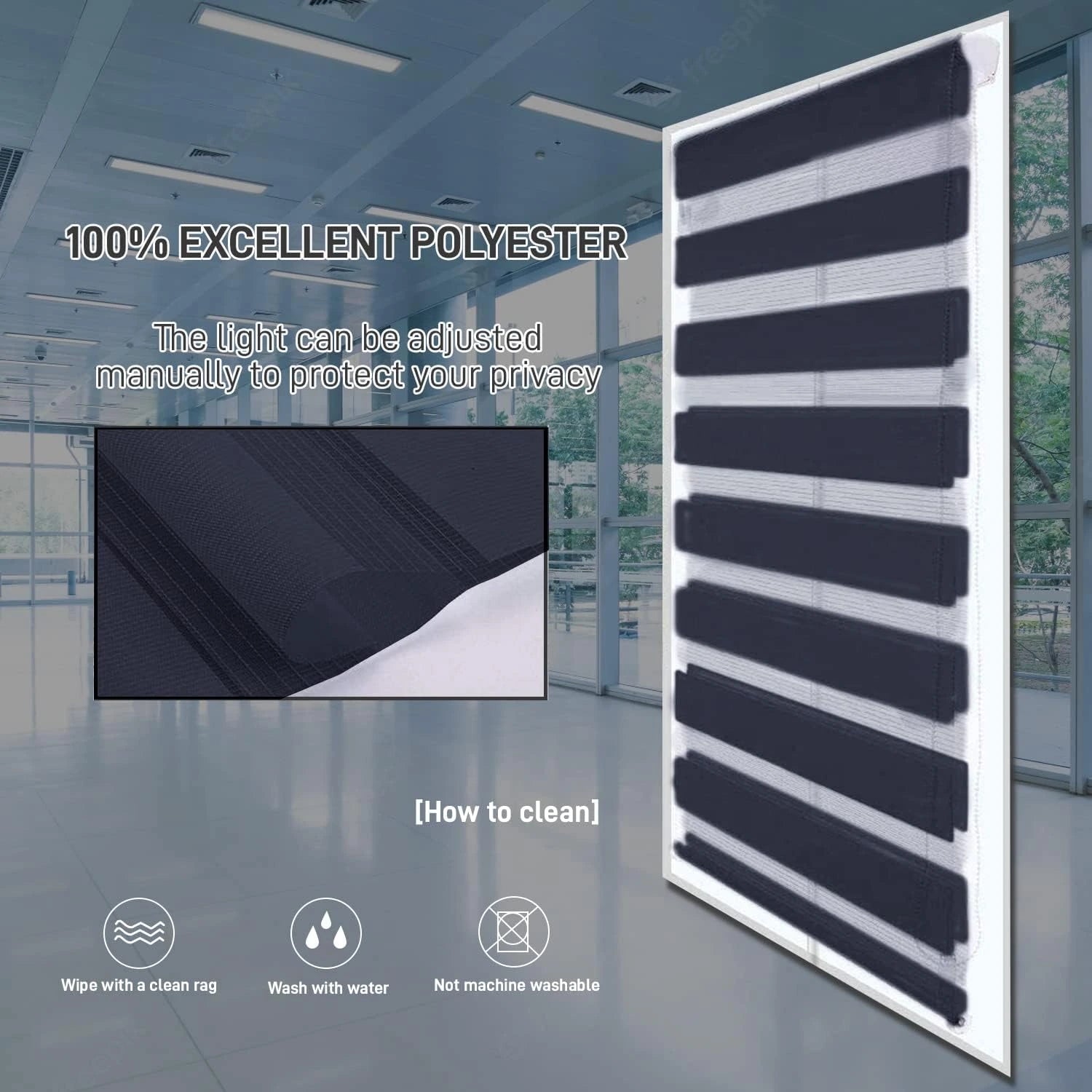 Black zebra blinds showing alternating sheer and solid stripes for light control