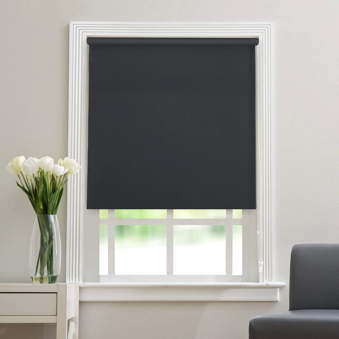 Close-up of dark grey 3-pass blackout fabric showing smooth texture