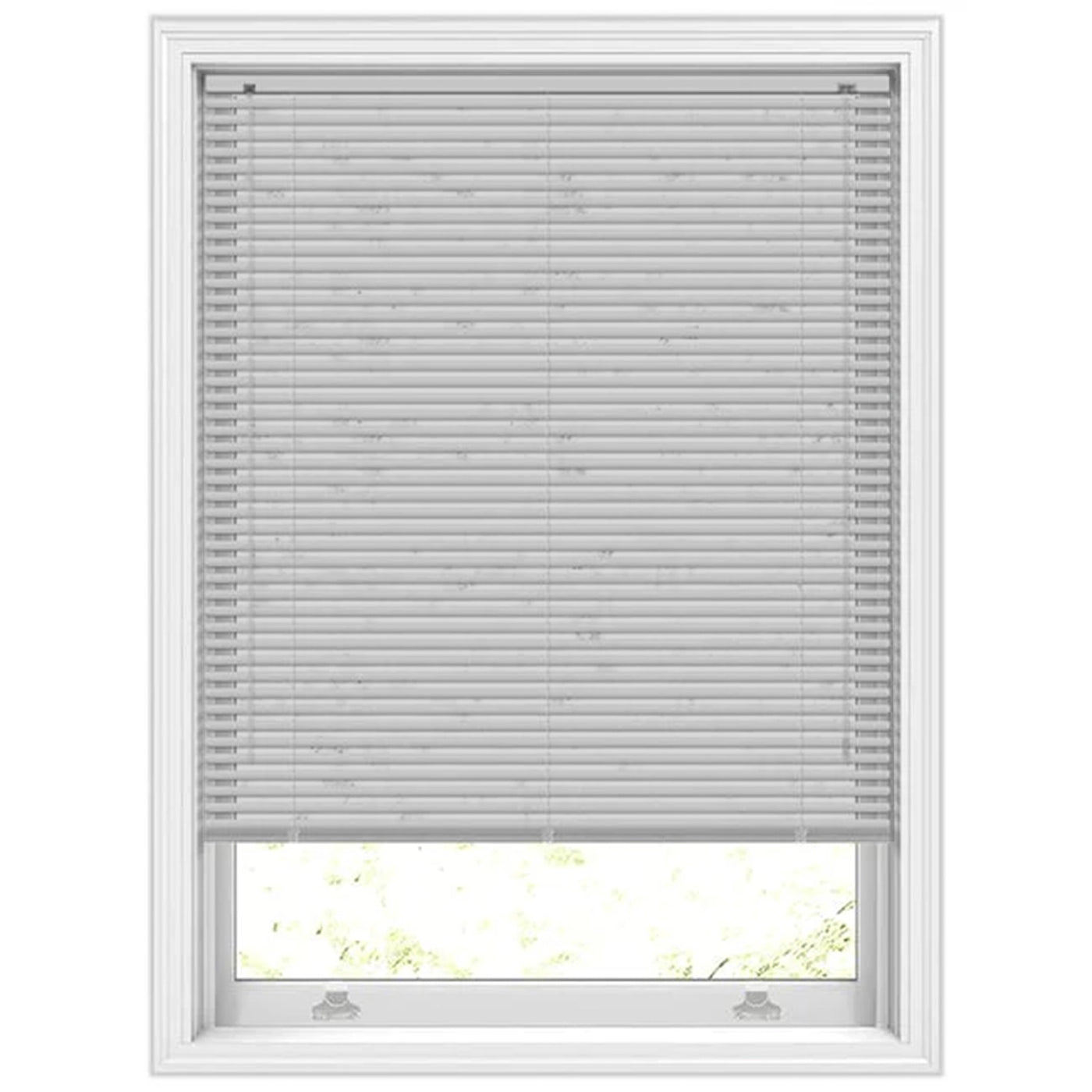 Close-up of tilted 25mm slats on grey PVC Venetian blinds for light control.