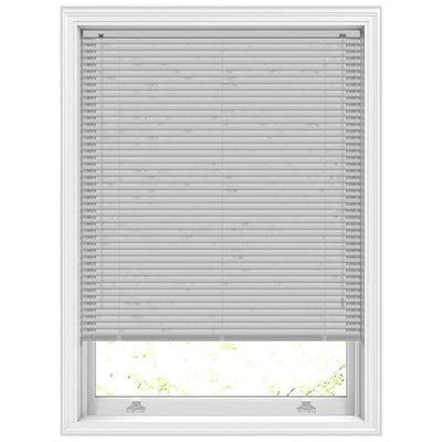 Close-up of tilted 25mm slats on grey PVC Venetian blinds for light control.