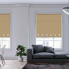 Close-up of square eyelets and textured cappuccino fabric of roller blind
