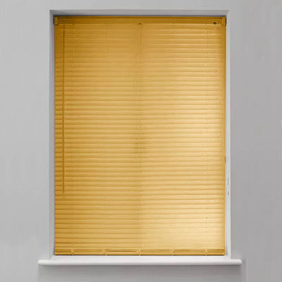 Detailed view of tilt wand and cord mechanism on teak PVC blinds
