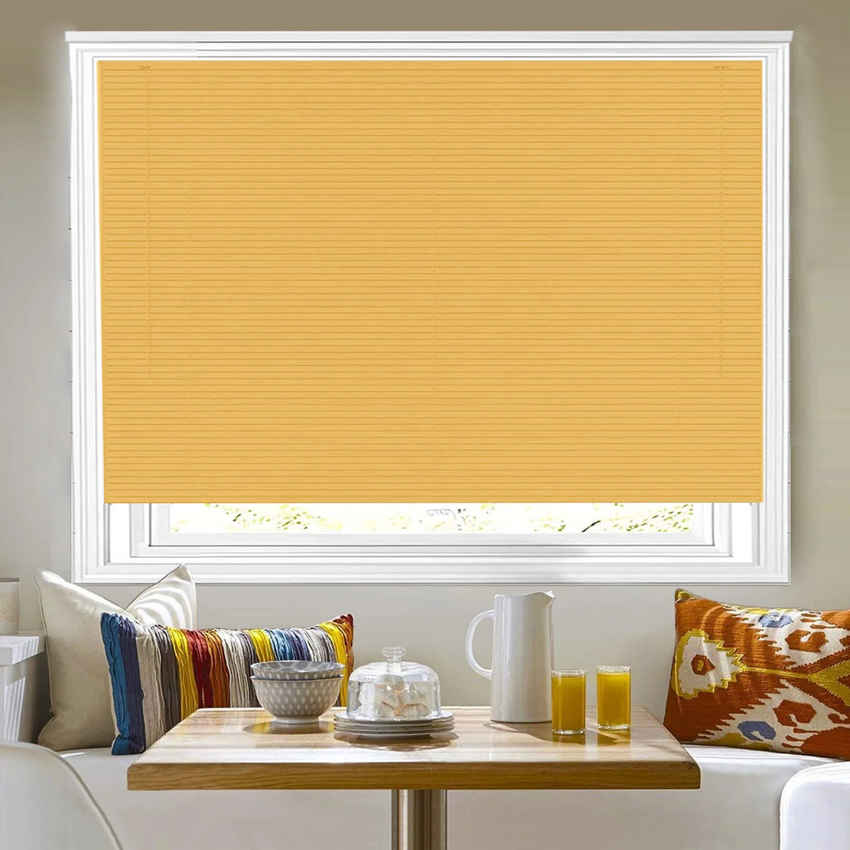 Front view of teak PVC Venetian blinds with 25mm wood grain slats
