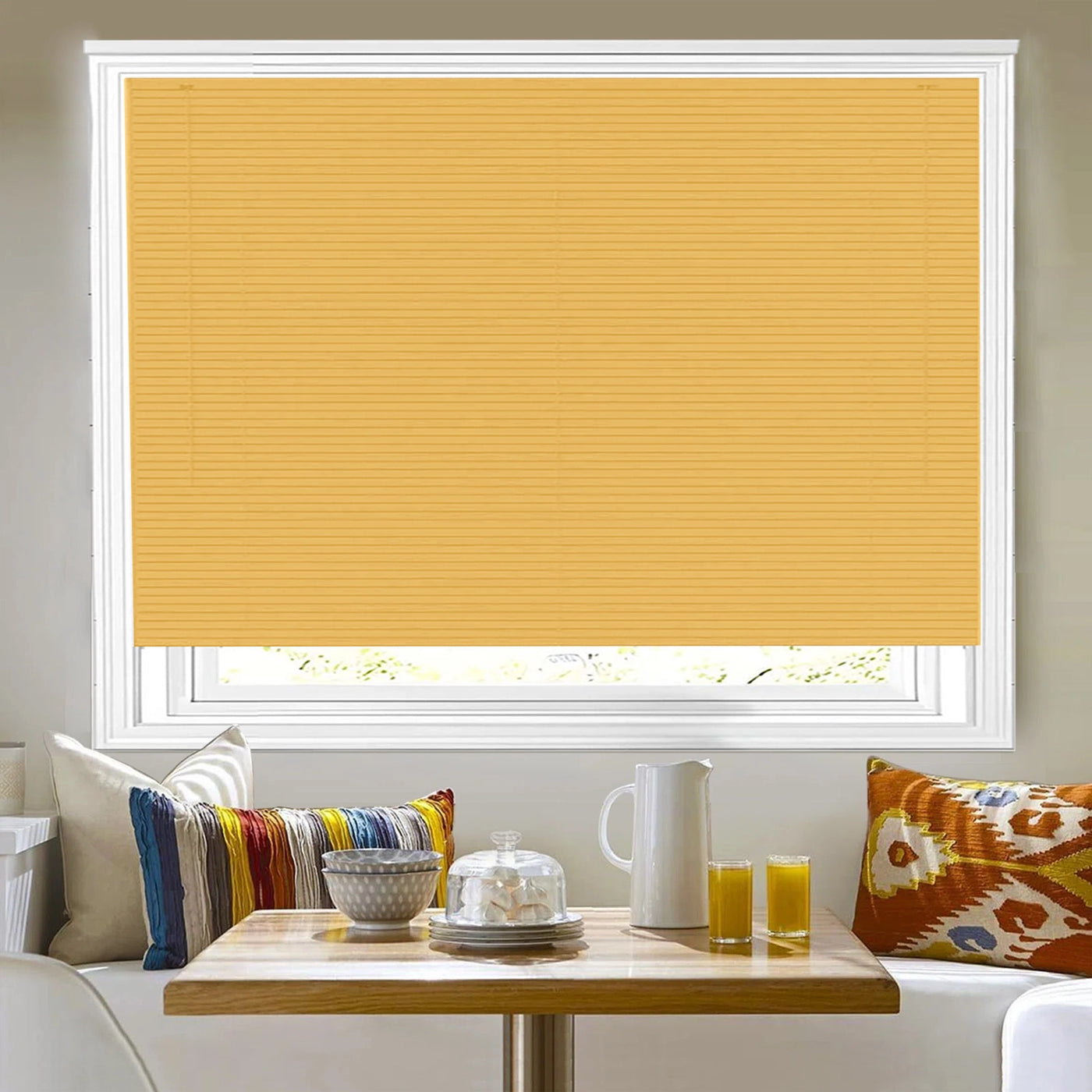Front view of teak PVC Venetian blinds with 25mm wood grain slats
