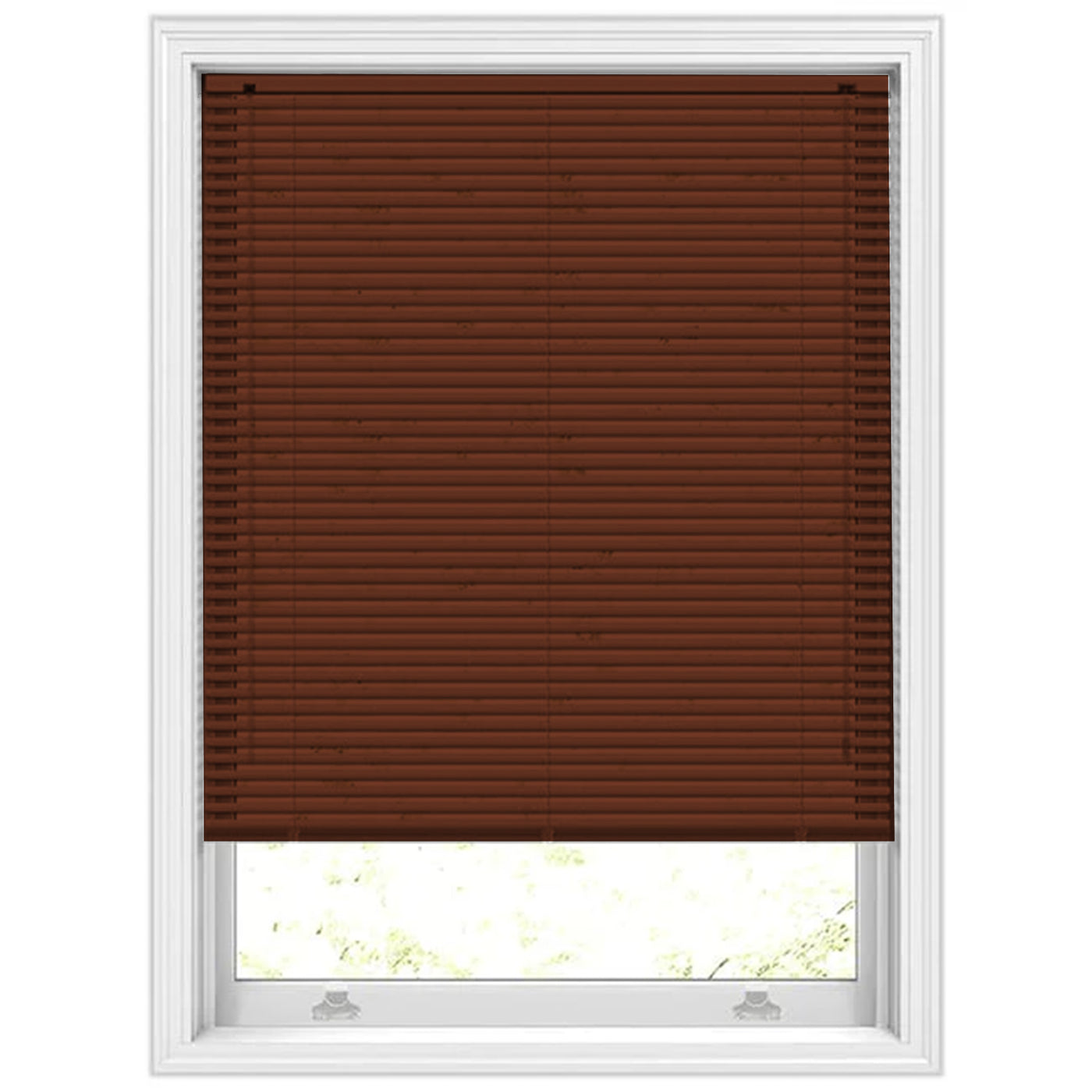 Walnut Venetian blinds mounted inside a window recess, filtering light

