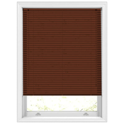 Walnut Venetian blinds mounted inside a window recess, filtering light

