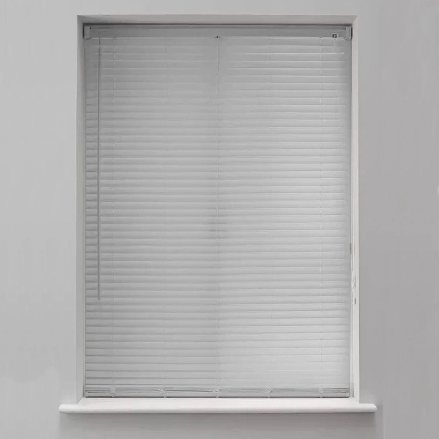 Waterproof grey Venetian blinds ideal for use in a bathroom setting.


