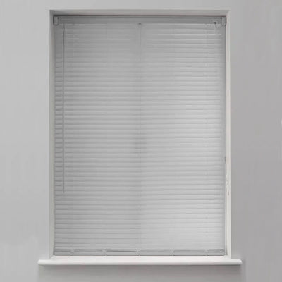 Waterproof grey Venetian blinds ideal for use in a bathroom setting.

