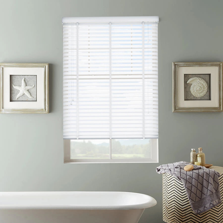  Front view of white faux wood Venetian blind with 50mm slats and decorative tape installed on window