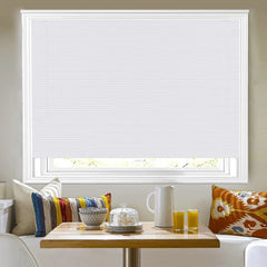 White PVC Venetian blinds with 25mm slats shown fully closed on a window.


