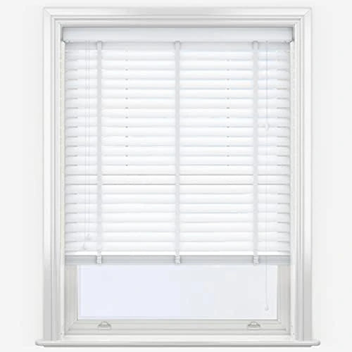 Close-up of 50mm white slats and fabric tape joins on faux wood Venetian blind