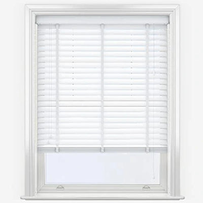 Close-up of 50mm white slats and fabric tape joins on faux wood Venetian blind